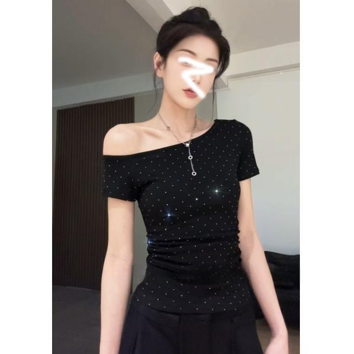 Polka Dot Pure Desire Style Slanted Shoulder Short-sleeved T-shirt for Women In Summer New Slim and Beautiful Top