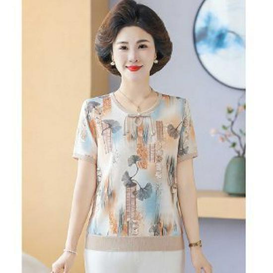 

Summer 2026 Fashionable Knit T-Shirt for Moms – Age-Defying Short-Sleeved Top for Middle-Aged and Elderly Women 3XL жовтий