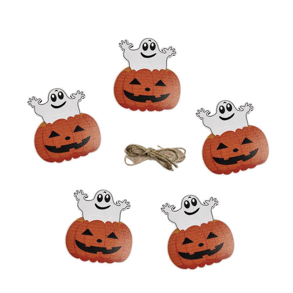 5Pcs Halloween Wooden Pendants Funny Pumpkin Ghost Skeleton Hanging Ornaments Woodden Diy Accessories Halloween Decoration 2024