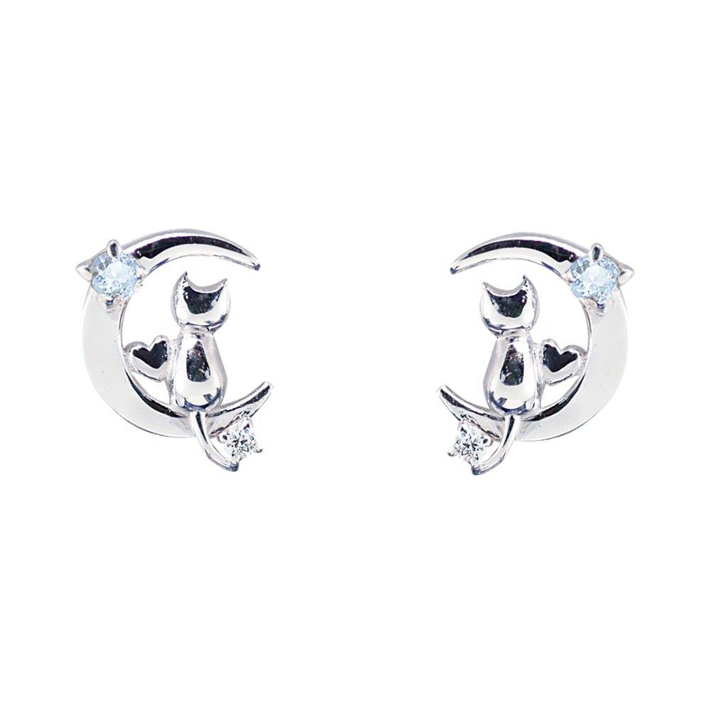 

Earrings for cat and crescent moon choice of birthstone women, motif, silver, (March, aquamarine)