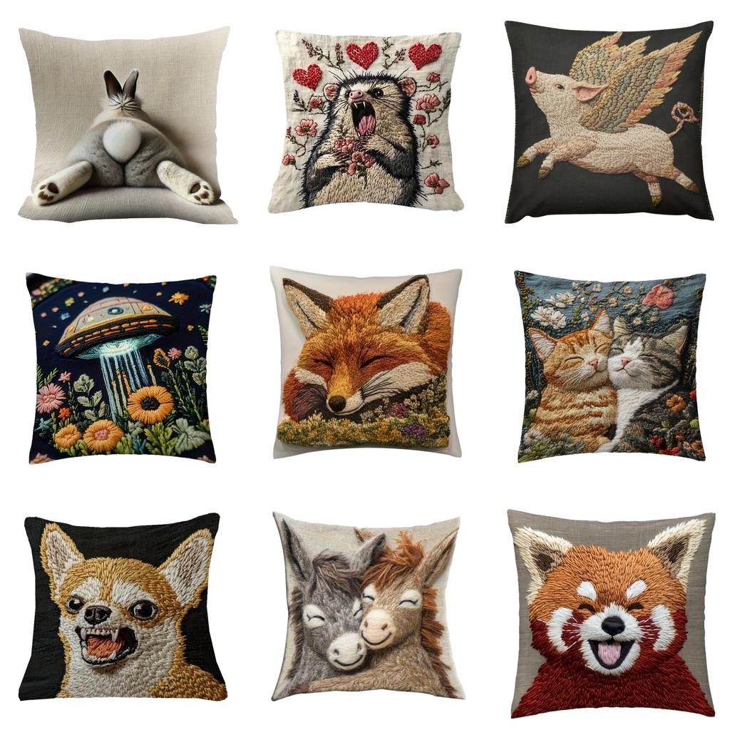 Animal Patterns Rabbit Fox Throw Pillow Cover With Soft Cotton Blend For Living Room Decor