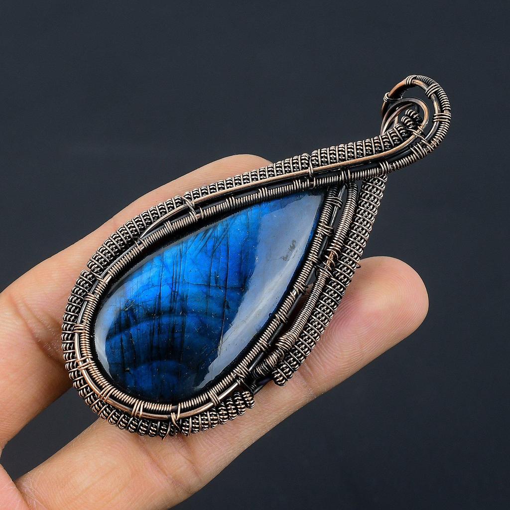 Blue Flash Labradorite Jewelry, 999 Copper Wire Wrapped Pendant, Handmade Gemstone Jewelry, Gifts For Wife Brand New Pendant