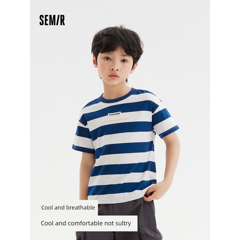 

Senma Kids Short-Sleeved T-shirt 2024 New Arrival Fashion Print Contrast Color Stripes Tops Summer Boys Trendy Casual Wear Green and white 00341 120cm