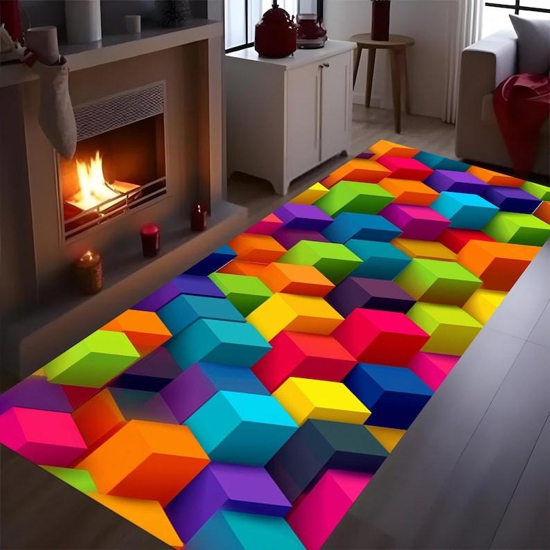 Visual Stereoscopic Geometric Printing Runner Rug Colorful Square Floor Mat Entrance Bedside Sofa Carpet Home Decoration