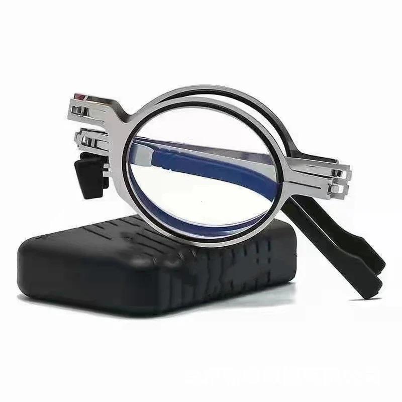

2025 Unisex Folding Reading Glasses Transparent Lenses Full Metal Frame Anti Blue Light Comes with Case for Men and Women +150