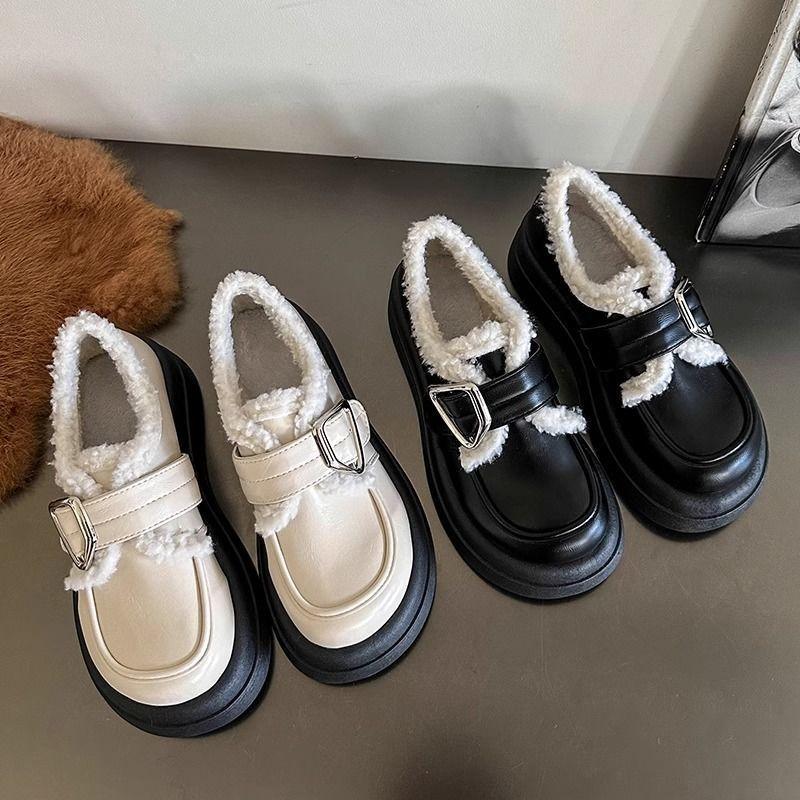 thick-soled velvet white small leather shoes women's 2025 new British college style small man cotton warm loafers