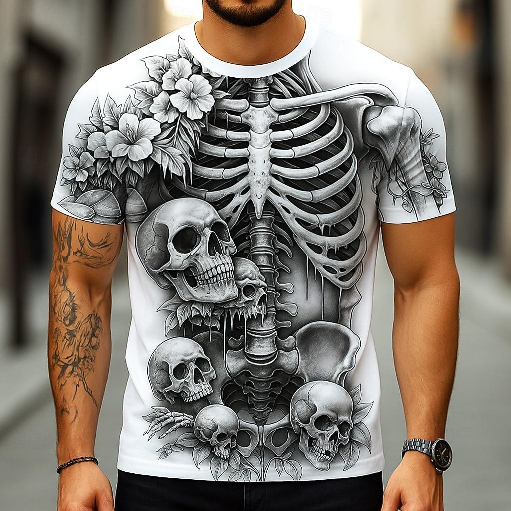 Men s Optical Illusion 3D Skeleton T Shirt Short Sleeve T shirt 3D Print Crew Neck Shirt Exaggerated XL