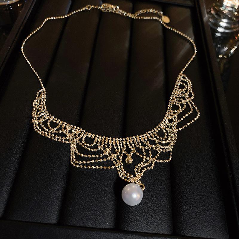 Pearl Lace Necklace Women s 12MM Vintage Court Design Plated 24K Gold Tassel Lace Woven Necklace