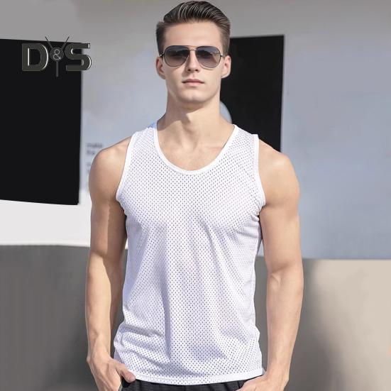 Herren Mesh-Weste Sommer-Tanktop Einfarbig Rundhals Ärmellos Singlet Slim Fit Muskel-Fitness-Shirt für Fitnessstudio Streetwear