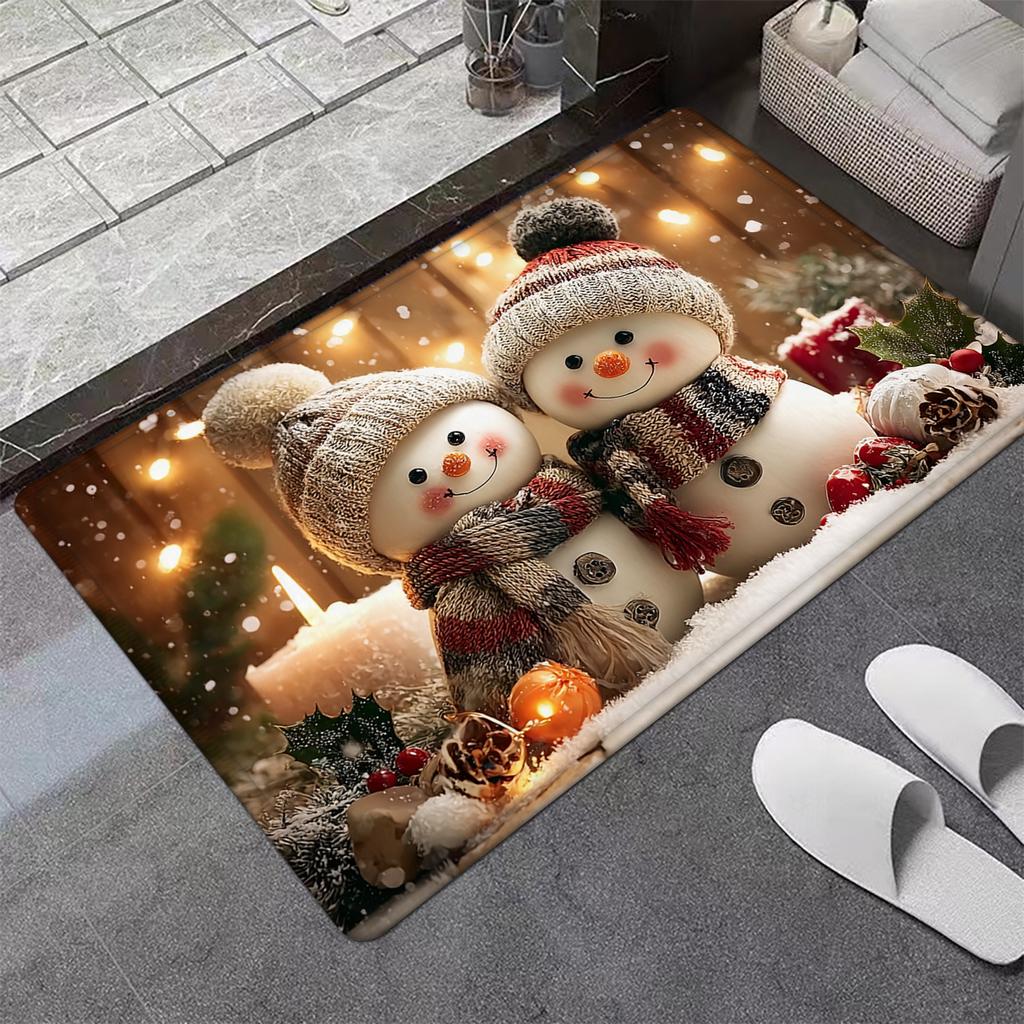Snowman Print Non-Slip Mat Carpet, Red White Snowman Holly Berry Border Plush Mat for Indoor Outdoor Entryway Decor