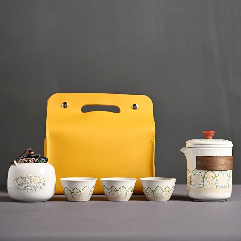 Portable Travel Tea Set, Ceramic Teapot & Cups with Storage Bag for Outdoor & Gift
