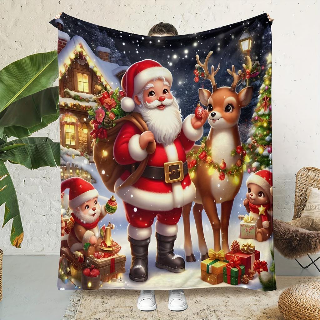Christmas Santa Claus and Reindeer Printed Flannel Throw Blanket - Bohemian Style All-Season Quilted Throw for Sofa, Bed - Soft,
