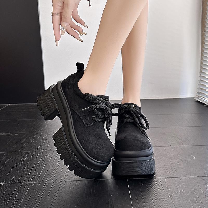 Fashion Women's Thick Sole Loafers Round Head Suede Medium Heel Shoes Women Retro All-match Breathable Anti-slip Shoes Zapatos De Mujer