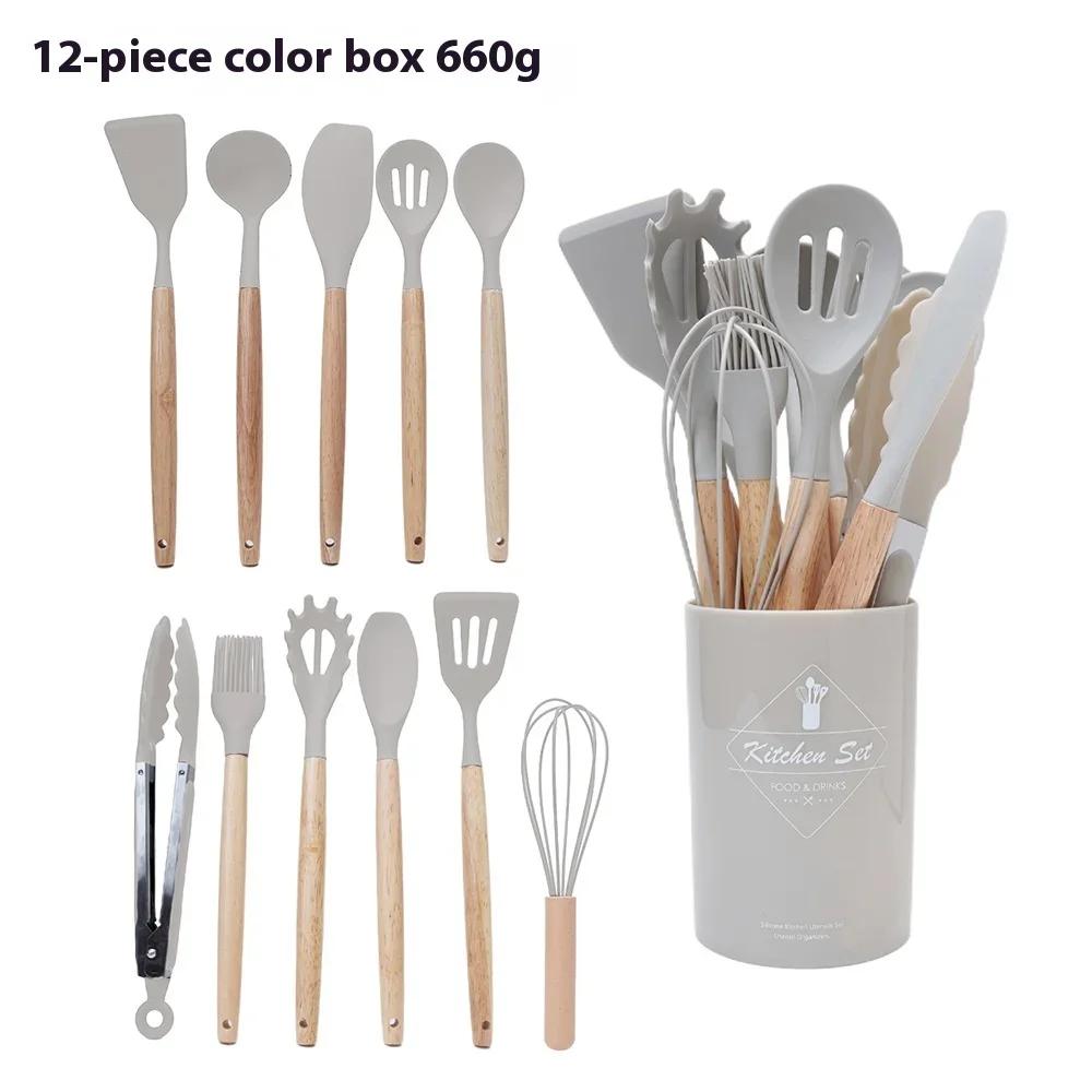 12Pcs Silicone Kitchen Cooking Utensils Set Wooden Handle Cooking Tool Non-stick Cookware Spatula Shovel Egg Kitchenware Beaters