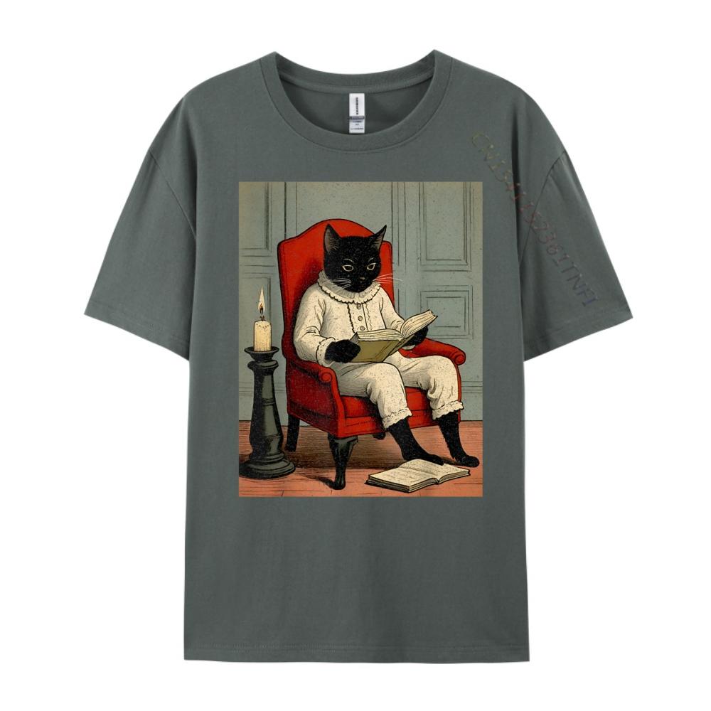Funny Black Cat Reading A Book Fall Clothes Aesthetic Men's T-Shirts Loose