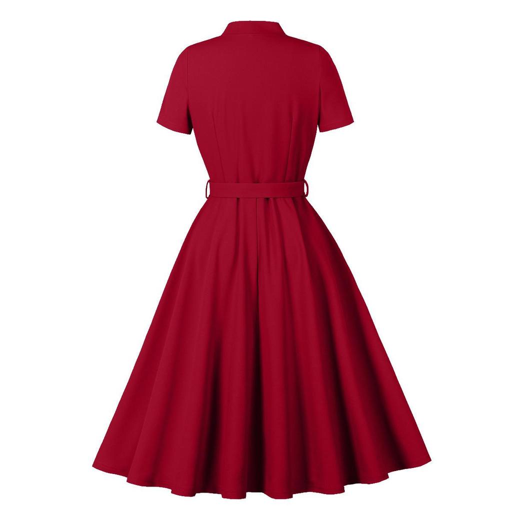 Damen Retro Swingkleider Kurzarm V-Ausschnitt Schleife Knopfleiste Gürtel Hepburn-Stil Kleid Hohe Taille Freizeitkleidung