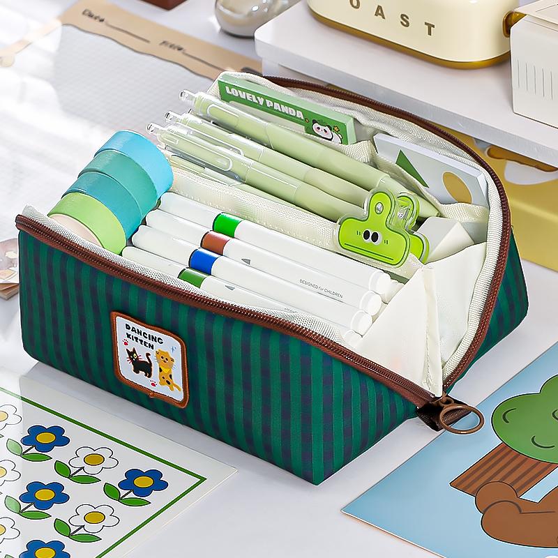 Plaid & Prism Square Pencil Case Pen Bag Cute Dog Korean Style Lattice Multi Pocket Storage Pouch for Stationery