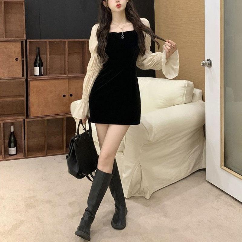 

Французское платье с расклешенными рукавами для женщин Весна Осень Темперамент Элегантное Облегающее Скрывающее бедра Короткое S чёрный