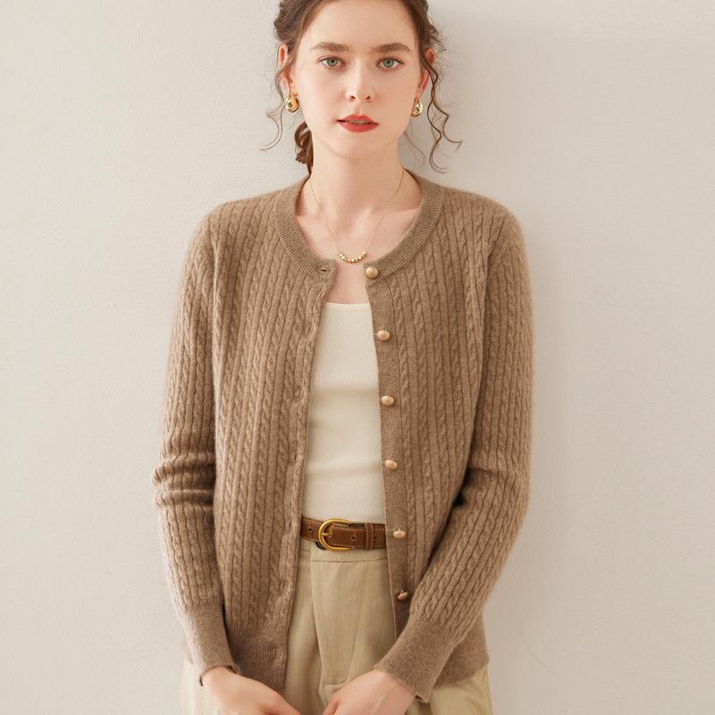 Women's Cashmere Long Sleeve Round Neck Cardigan Sweater - Autumn/Winter Cable Knit Wool Outerwear