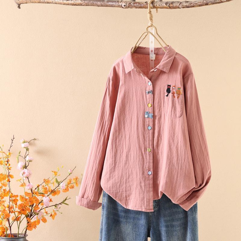 Spring 2026 Women's Cartoon Embroidery Gauze Long Sleeve Cardigan Shirt