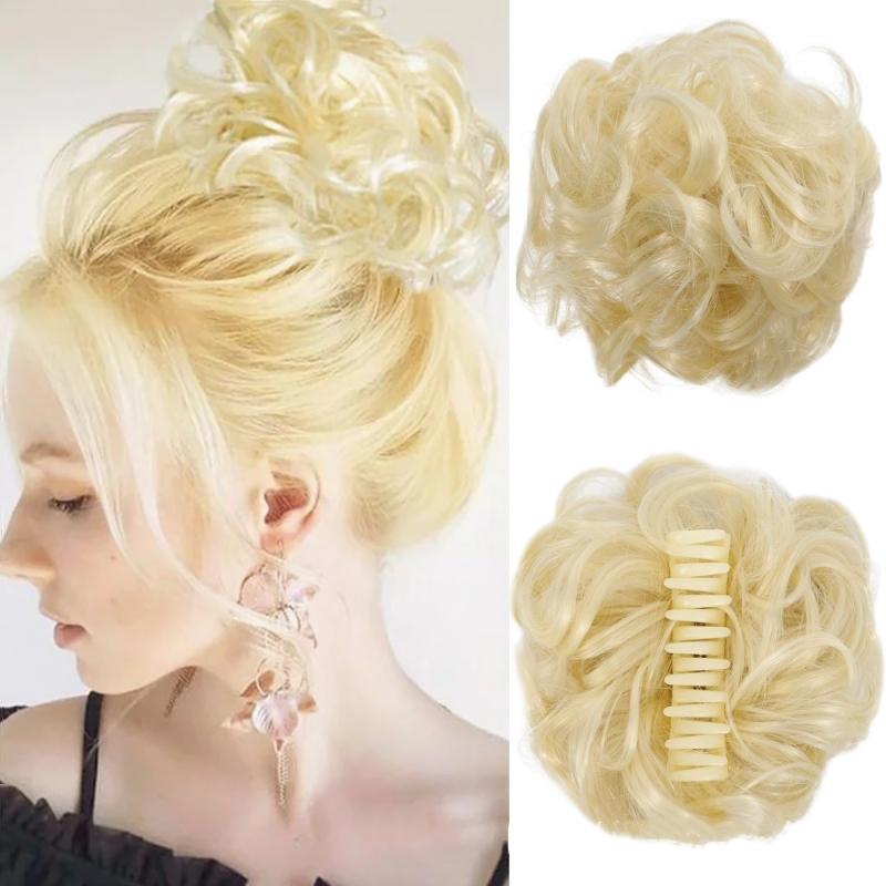 Synthetic Chignon Messy Hair Bun Claw Clip In Hair Piece Wavy Curly Bun Ponytail Scrunchie Hairpieces for Women