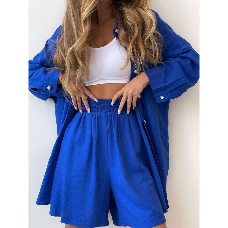 Fashion Spring and Summer Two-Piece Set Long Sleeves Lapel Shirt Shorts Loose Fashion Casual Set Casual Suit
