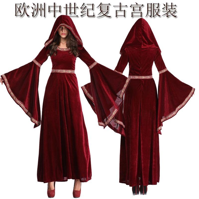 New Female European Halloween Burgundy Vampire Wizard Costume, Retro Court Queen Dress Up Character