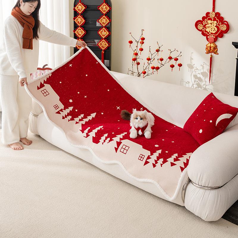Special-Shaped Sofa Cushion Festive Red New Winter Chenille Sofa Seat Cushion One-Piece Straight Row Sofa Cover Cloth Protection