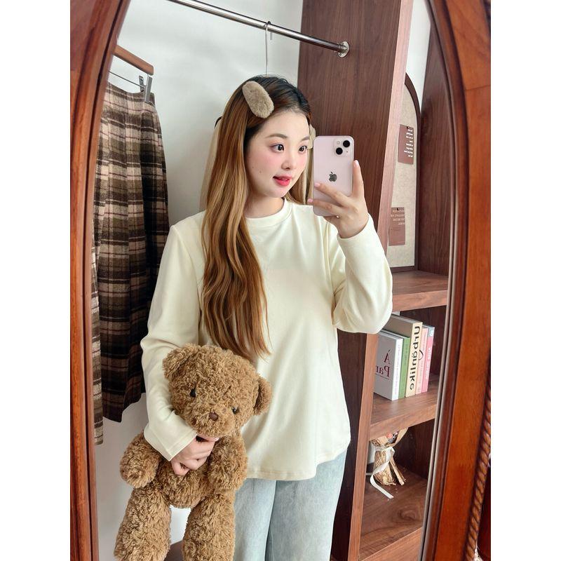 

off-Season Straight down Spicy Strips Clouds Plaid Inner Bottoming Shirt Beige Round Neck M