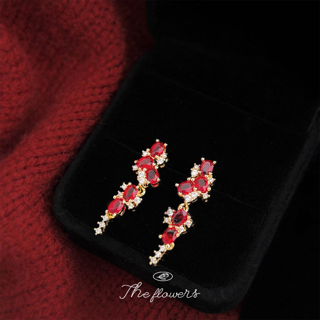 Inlaid zircon long small tassel burgundy wheat ear earrings needle direct earrings