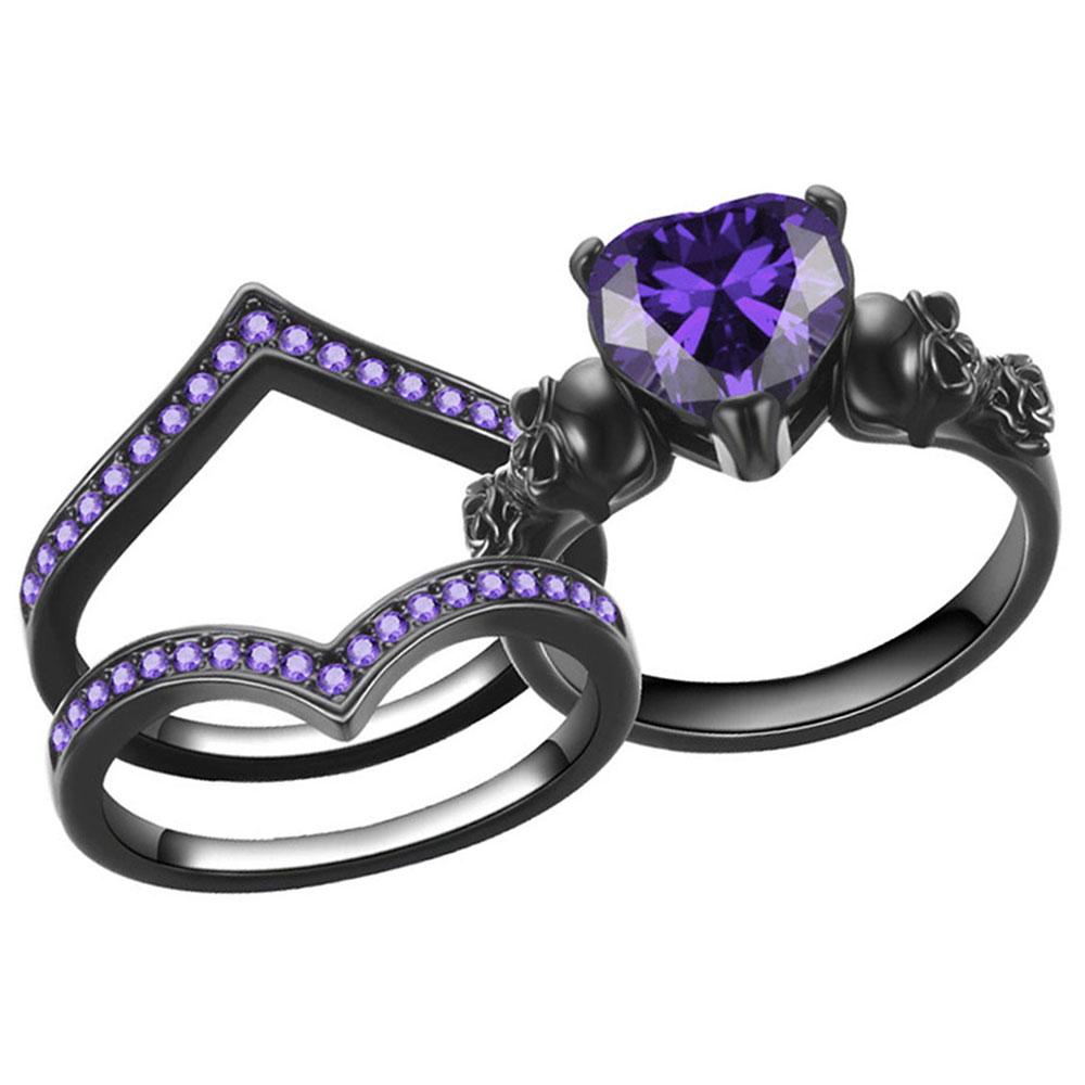 

Gothic Black Rose Flower Skull Engagement Rings Set Red Purple Heart-shaped Zircon Crystal Wedding Anniversary Holiday Gift 6 фиолетовый