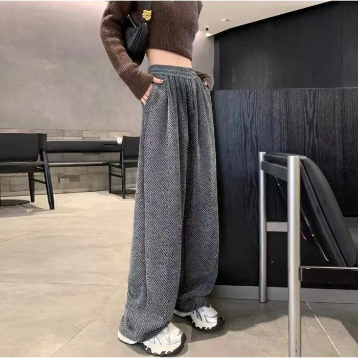 

[Bright Silk Chenier] Oblique Stripe Autumn and Winter New Lazy Loose Design Wide Leg Pants High Waist Loose Casual Bathroom XL темно-сірий