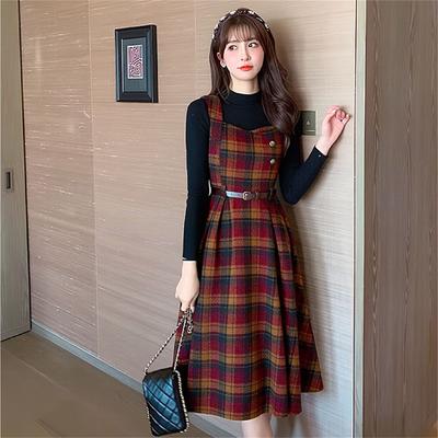 Vintage Red Plaid Tank Dress Two Piece Set for Women Autumn Winter Black Sweater and Strapless Dress 2 Piece Set Female Outfits