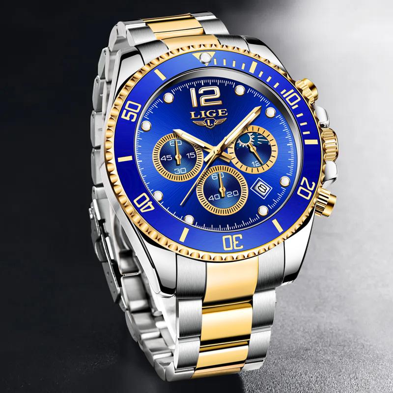 LIGE Top Brand Luxury Men Watch Business Stainless Steel Quartz Wristwatches Luminous Waterproof Watch for Men Clock Gift+Box