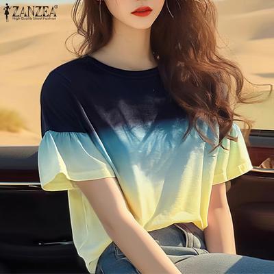 T-shirt estive da donna con scollo tondo, svasate, a maniche corte, stampate a gradiente