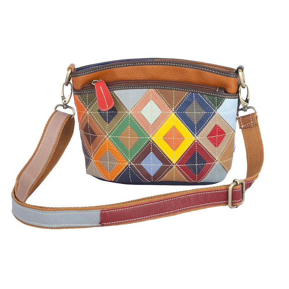 

Women S Bag Leather First Layer Cowhide Bag Handmade Ethnic Style Plaid Color Contrasting Color Single Shoulder Messenger Women S Bag разноцветный