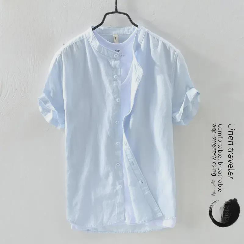 Men's Short-Sleeve Chinese-Style Stand Collar Linen Shirt - Casual, Lightweight, Summer Trend
