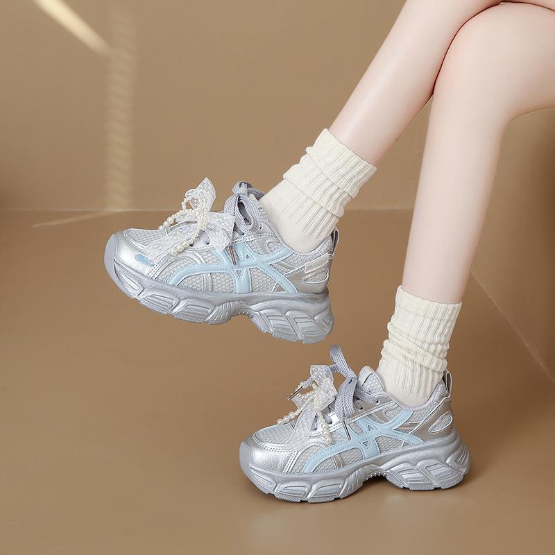 Fashion CRLAYDK Women's Chunky Sneakers Fashion Platform White Mesh Breathable Casual Dad Lace Shoes Ladies Wedge Walking Tennis