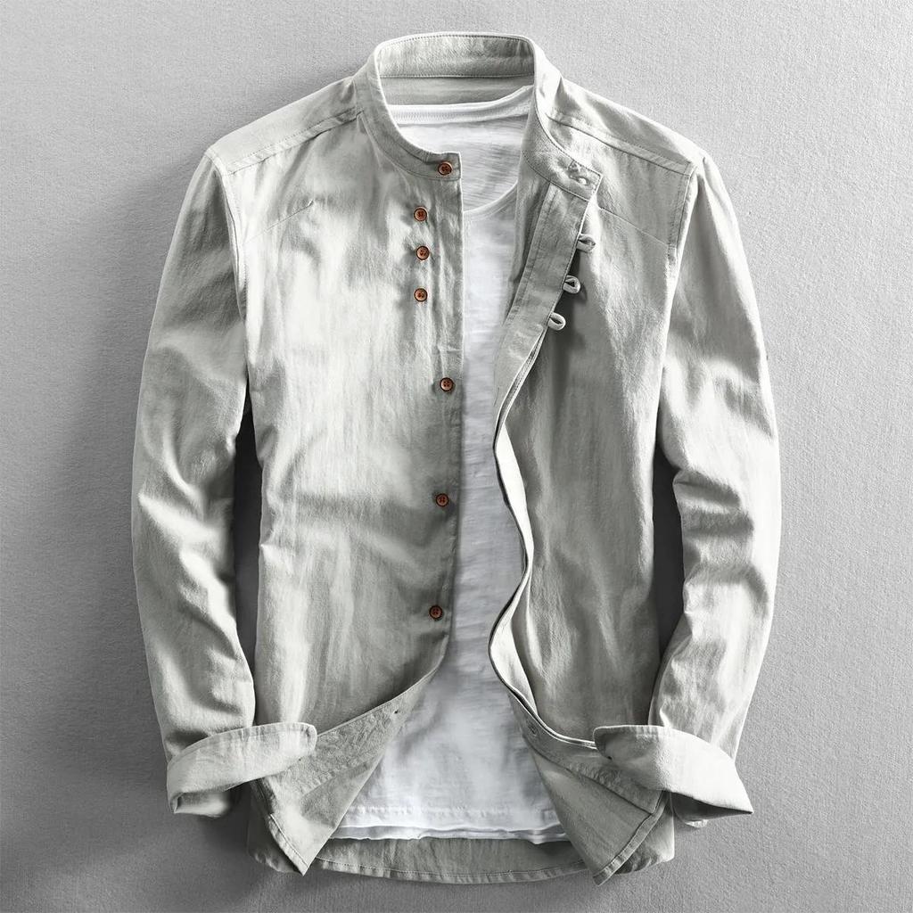 M-7XL Spring Autumn Men's Casual Shirts Retro Chinese Style Stand Collar Slim Long Sleeve Shirt