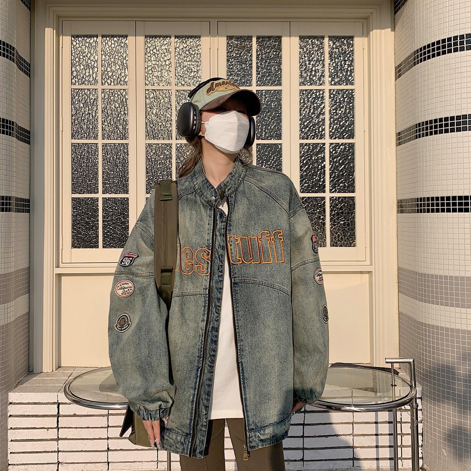 

Американская винтажная вышитая джинсовая куртка женская весенняя свободная куртка-стойка 3XL