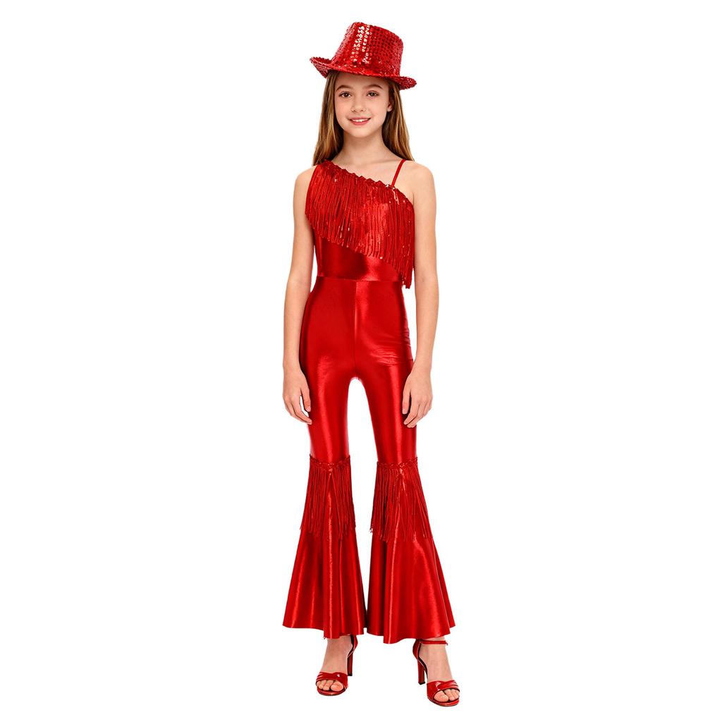 Girls Jazz Dance Jumpsuit Sleeveless One Shoulder with Sequins Tassels High Waist Bell Bottoms and Fedora Hat for Pageant Banquet