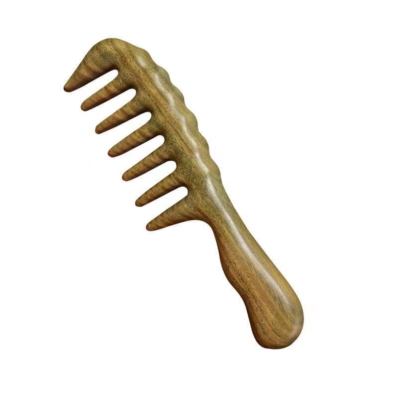 Goldener Sandelholz Kamm mit kurzem Griff und breiten Zinken für Kopf-, Schulter-, Nackenmassage & dauergewelltes lockiges Haar - Damengeschenkkamm