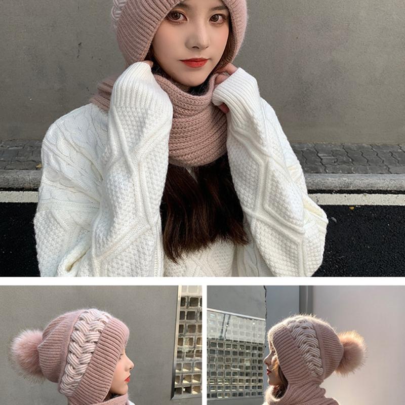 Korean Style Hat Scarf Set Women Winter Warm Cycling Ear for Protection Windproof Knitted Wool Pullover Cap Scarf for Wo