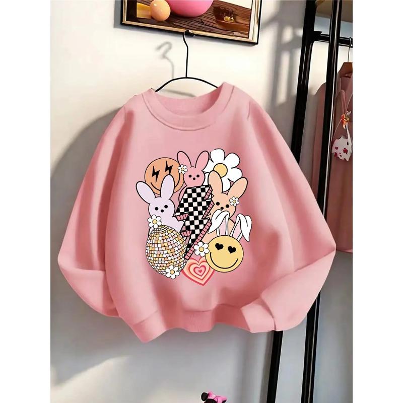 European sizes Kids' Crewneck Sweatshirt - Bunny Faces Joyful Heart Flower , Sportswear And Casual Wear, Soft And Comfortable, Children's Clothing