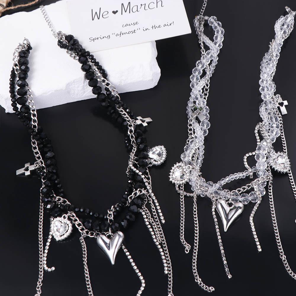 Punk Heart Pendant Necklace Transparent Y2K Crystal Necklace Fashion Beaded Rhinestone Choker  Gift