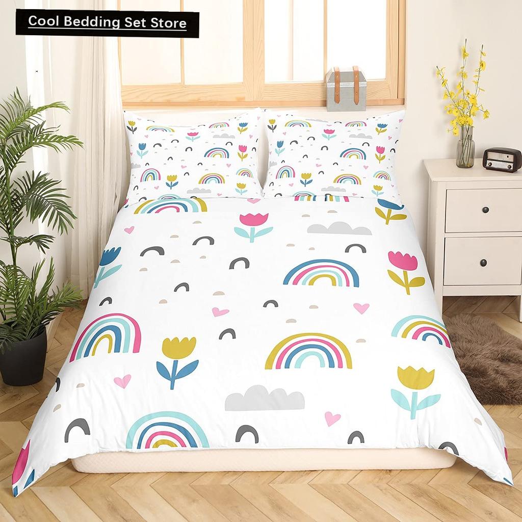 Cartoon Regenbogen König Königin Bettbezug Kinder Mädchen Bunte Wolken Bettwäsche Set Liebesherz Bettdeckenbezug Polyester Steppdeckenbezug