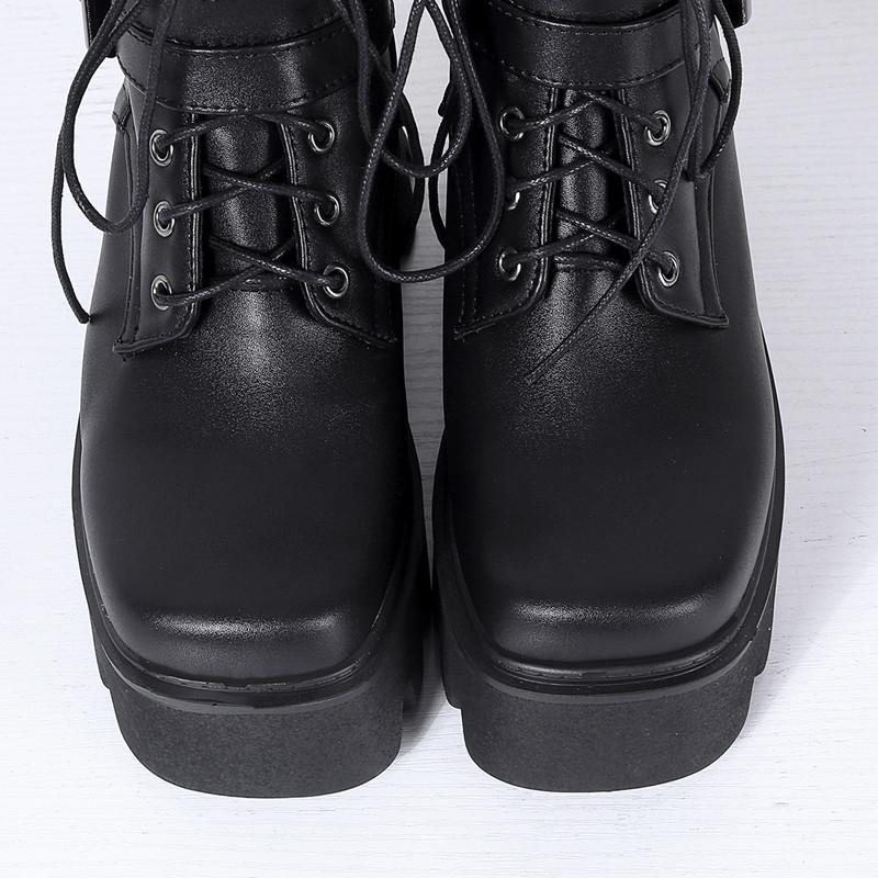 Cizme groase până la genunchi pentru femei, cu platformă, toc gros punk, piele PU, negre, retro, pantofi de iarnă, cizme lungi, cu șireturi, impermeabile