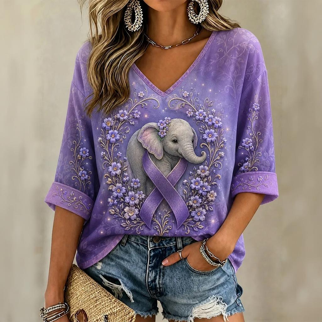 Women's 3D Printed Loose Fit V-Neck Three-Quarter Sleeve T-Shirt Top