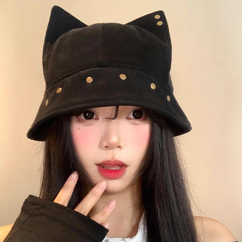 Niedlicher Lustiger Katzenohren Fischerhut Vintage Nieten Vielseitiger Lässiger Fischerhut