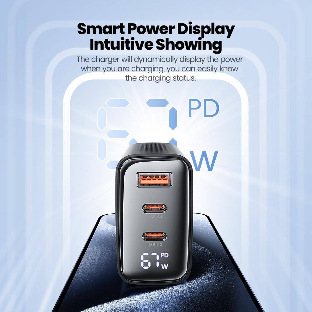 67W GaN Ladegerät 3-Port USB Typ C Schnellladeadapter Ladegerät Digitalanzeige Für iPhone Samsung Xiaomi EU US UK KR Stecker